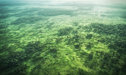 Fototapeta premium Aerial view of vast green landscape, forests and wetlands, environmental conservation