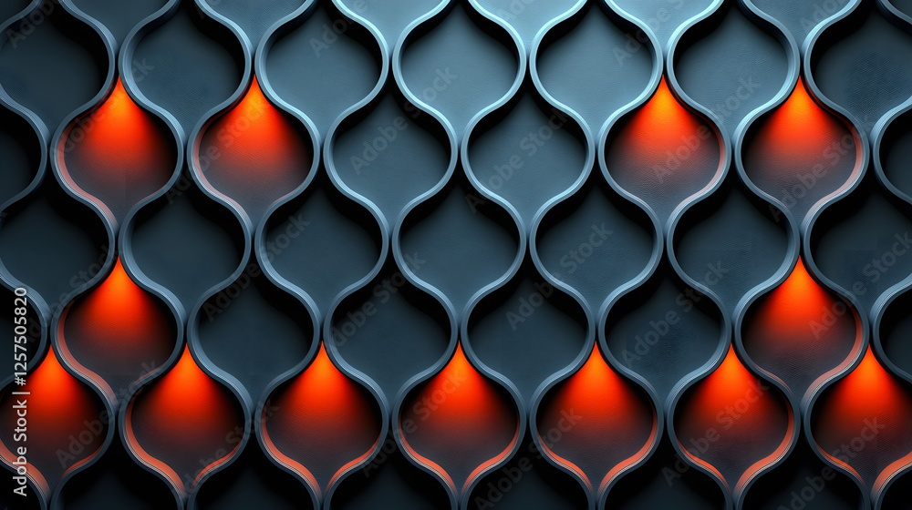 Poster curved wall design with glowing orange patterns in an artistic abstract style on a dark background.