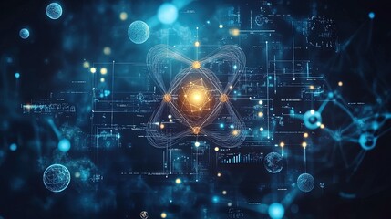 Fototapeta premium Abstract background featuring scientific icons, glowing atoms, and data particle streams