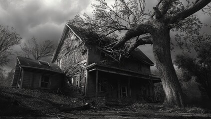 Obraz premium Abandoned farmhouse, storm damage, rural landscape, ominous atmosphere