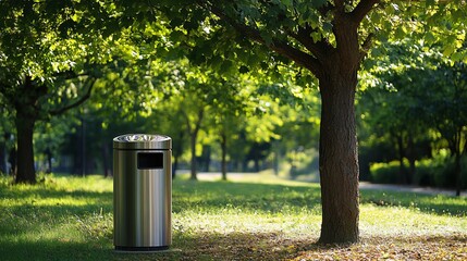 Stainless steel bin park sunlit trees autumn leaves
