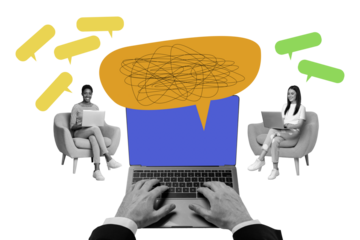 Sketch image composite artwork photo collage of psychotherapist workplace hold laptop type write two woman work talk speech cloud textbox