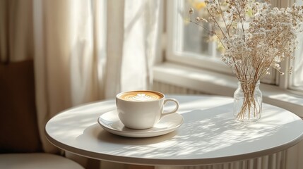 Fototapeta premium Bright corner cafe with a white table featuring a cup and a symbolic tip