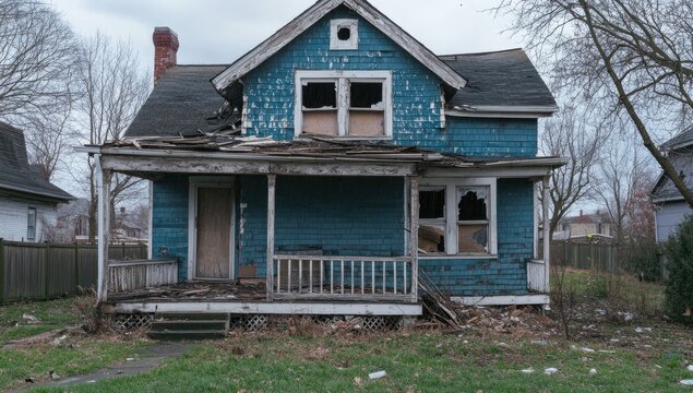 Abandoned house in a run-down neighborhood, weathered blue siding, broken windows, porch collapse
