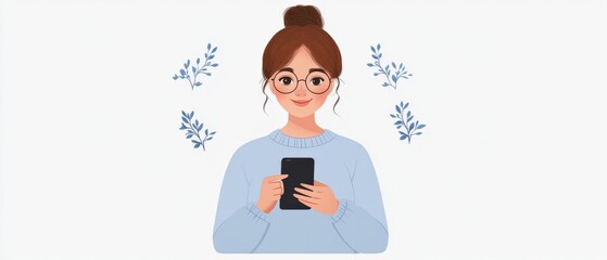 woman using a mobile phone with floral accents