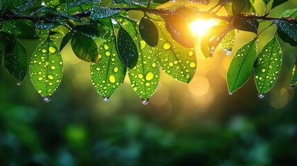 Close-up of vibrant green leaves with water droplets, illuminated by soft sunlight in a serene forest