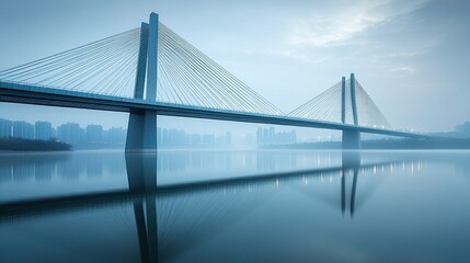 Obraz premium A modern bridge with sleek architectural lines spanning a wide river, with a cityscape visible in the distance.