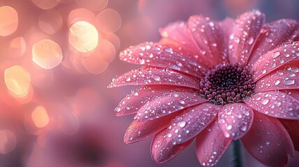 Close-up of a pink flower with water droplets, surrounded by a dreamy, blurred bokeh background