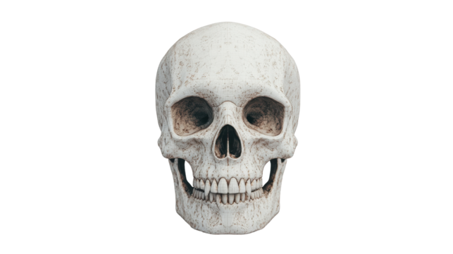 A realistic human skull displaying intricate details, perfect for educational and artistic purposes in anatomy and design.