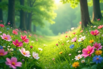 Fototapeta premium Vibrant wildflowers bloom in a sunlit meadow, creating a picturesque scene of natural beauty and serenity, a tranquil escape into the heart of a lush forest