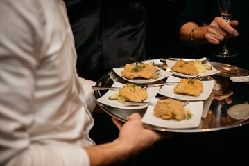 Waiter serving gourmet appetizers at an elegant event.
