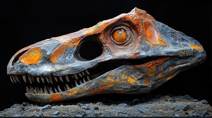Fossilized dinosaur skull displayed on rocky surface against a dark background, highlighting ancient history