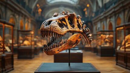 A detailed view of a dinosaur skull exhibit in a museum showcasing ancient fossils and artifacts
