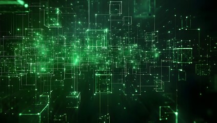 Obraz premium Abstract digital network, glowing green cubes, interconnected structures, futuristic background