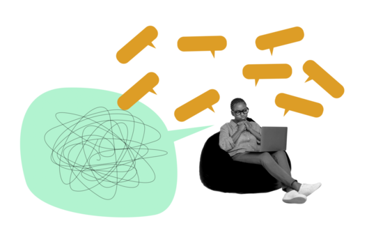 Sketch image composite trend artwork photo collage of textbox mind bubble cloud speech banner lady sit beanbag laptop type online chat