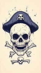 Detailed illustration of a pirate skull with crossbones, featuring a hat and smaller skulls, evoking adventure