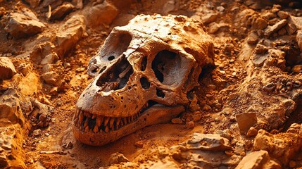 Fossilized skull of a prehistoric creature resting on rocky terrain during sunset, evoking ancient history