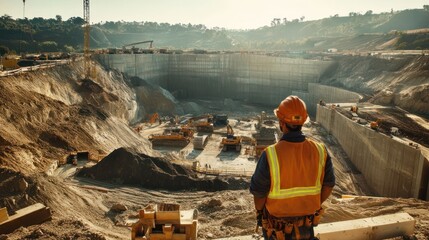 Construction worker overlooking large excavation site.