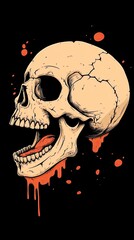 Detailed illustration of a cracked skull with blood dripping, set against a black background
