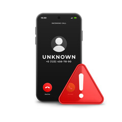 Warning that an incoming call from an unknown number may be dangerous, possibly spam or a scammer. Mobile phone with a warning sign.