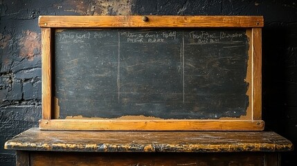Vintage wooden chalkboard with empty sections, resting on an aged table against a textured wall
