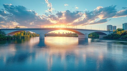 Fototapeta premium A modern bridge with sleek architectural lines spanning a wide river, with a cityscape visible in the distance.