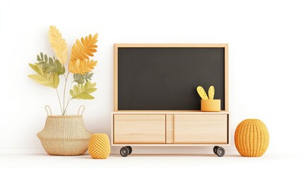 Modern minimalist decor featuring a wooden cabinet, chalkboard, and vibrant plant arrangements