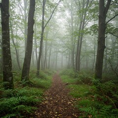 Tranquil Woodland Scene with Sunlight Filtering Through Trees
