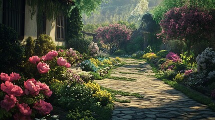 Sunlit Garden Path, Blossoms, House, Hills, Serenity, Background, Design