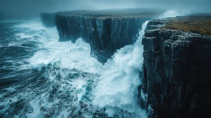 Dramatic coastal cliffs with crashing waves under a moody sky, showcasing nature's power