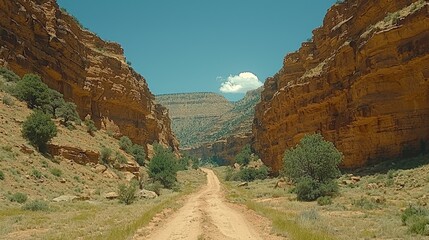 Scenic dirt road winding through a canyon with lush vegetation and clear blue sky