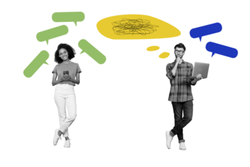 Sketch image composite trend artwork photo collage of textbox mind bubble cloud speech banner lady man laptop phone talk online date app