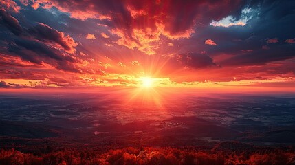 Breathtaking sunset over a sprawling valley with vibrant colors and dramatic clouds in the sky