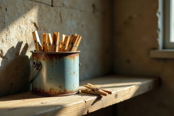 Rustic Wooden Clothespins in a Weathered Metal Container on a Sunlit Shelf