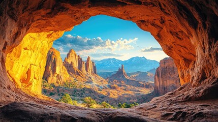Stunning view from a cave showcasing majestic rock formations and mountains under a bright sky