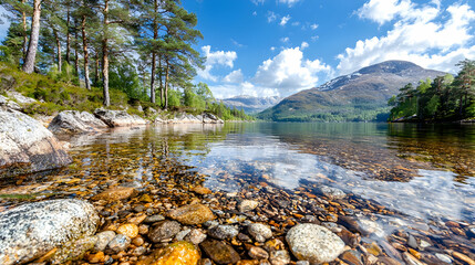 Calm lake, mountain backdrop, clear water, rocky shore, sunny day, nature photography