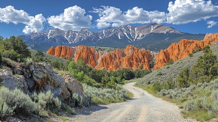 Scenic mountain landscape with vibrant rock formations and a winding dirt road under a blue sky