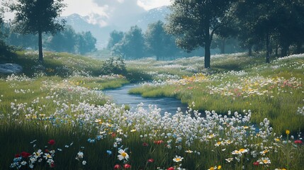 Stream flows through vibrant wildflowers, misty mountain backdrop