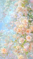 A vibrant display of blooming pink roses against a soft blue sky, evoking springtime beauty