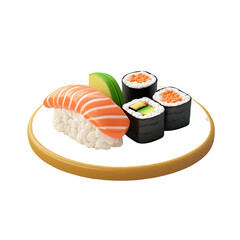3D rendered salmon sushi, maki rolls, plate, white background, food menu
