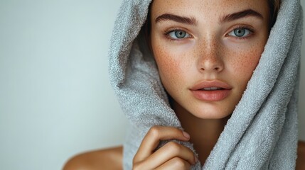 Light-skinned woman with towel adjusting hair in serene indoor setting