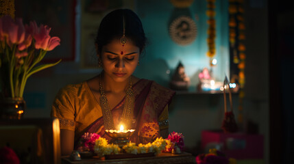 A Jain woman lights a diya (oil lamp) in her small home temple during Mahavir Jayanti, her face glows in the candlelight, Ai generated images