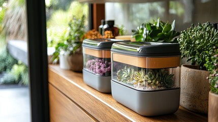 Modern indoor garden featuring stylish containers with succulents on a wooden shelf in a serene setting