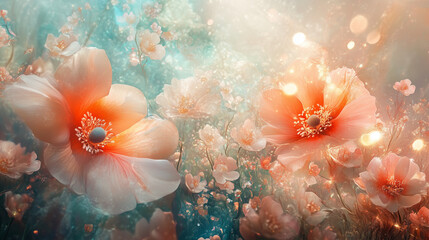 Ethereal Digital Painting: Fantastical Spring Scene with Oversized, Glowing Flowers, Soft Bursts of Light, and a Dreamlike Color Palette