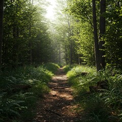 Obraz premium Tranquil Woodland Scene with Sunlight Filtering Through Trees