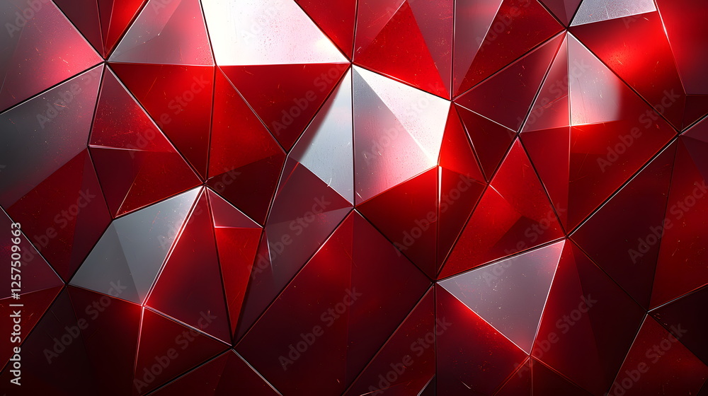 Poster bright red geometric pattern with triangular facets reflecting light in modern digital art style.