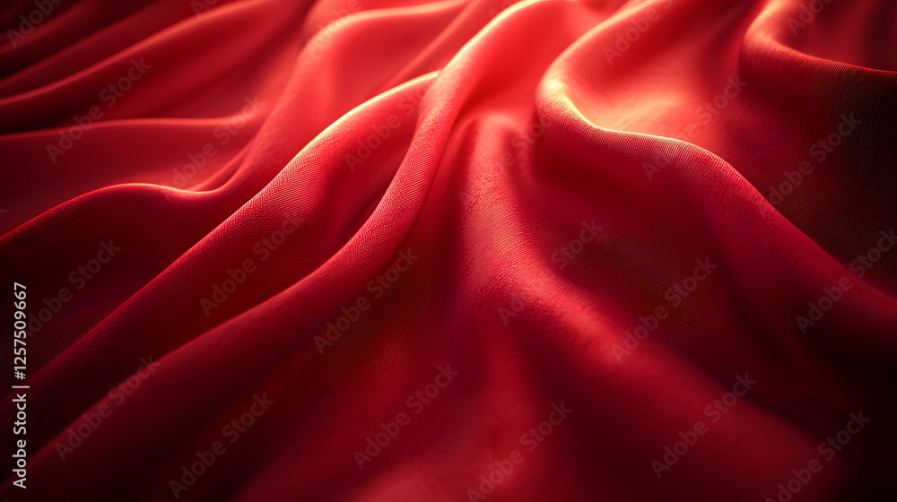 Poster soft red fabric draped elegantly with gentle waves and smooth texture under warm light creating a ri