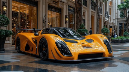Sleek orange sports car showcased in an upscale indoor environment with lush greenery