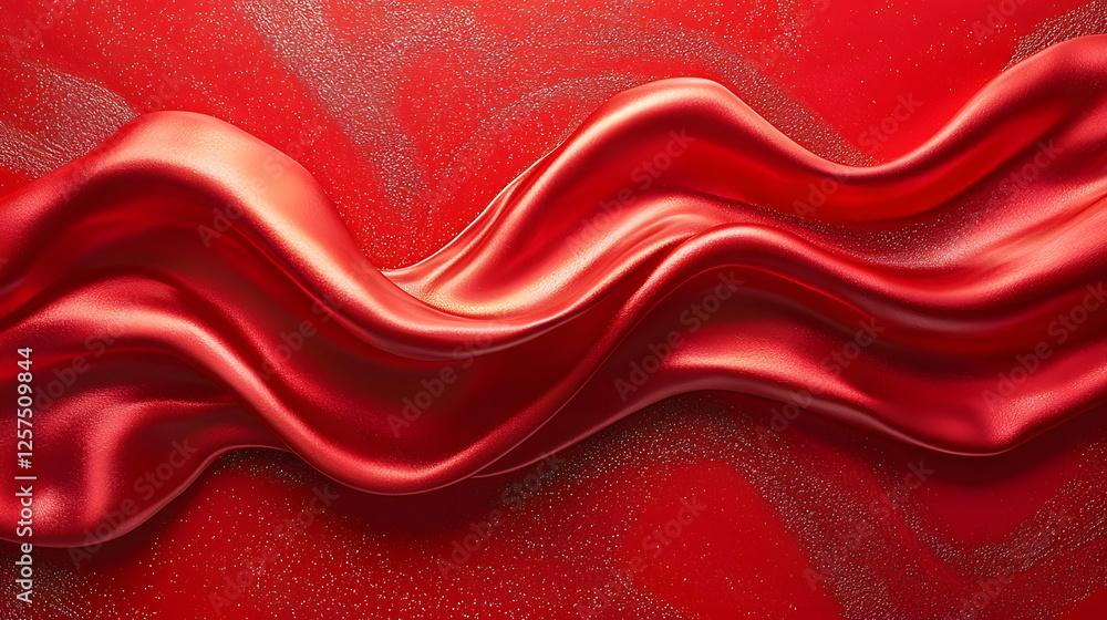 Poster glossy red fabric flowing elegantly across a textured surface, creating a vibrant and luxurious visu