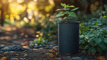 Young sapling growing in a black pot on a garden path surrounded by lush greenery and warm sunlight
